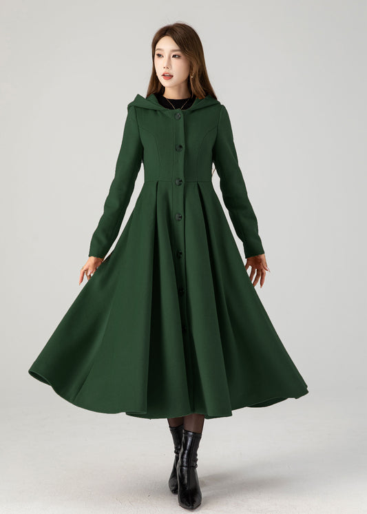 Forest Green Wool Hooded Coat – Enchanted Vintage Swing Winter Overcoat 5387