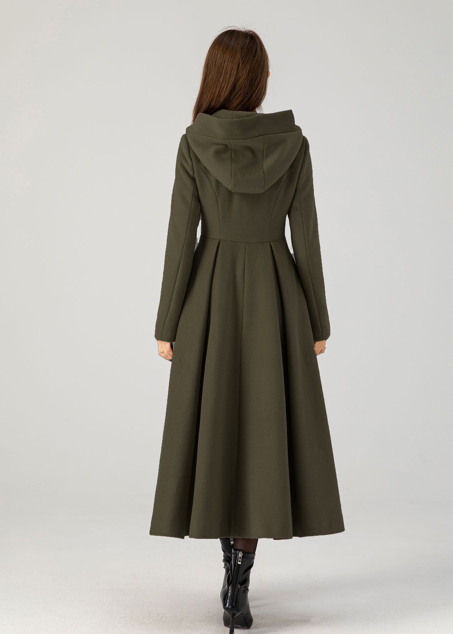 Handmade Army Green Wool Hooded Coat – Vintage Fit & Flare 5386Winter Overcoat with Pockets