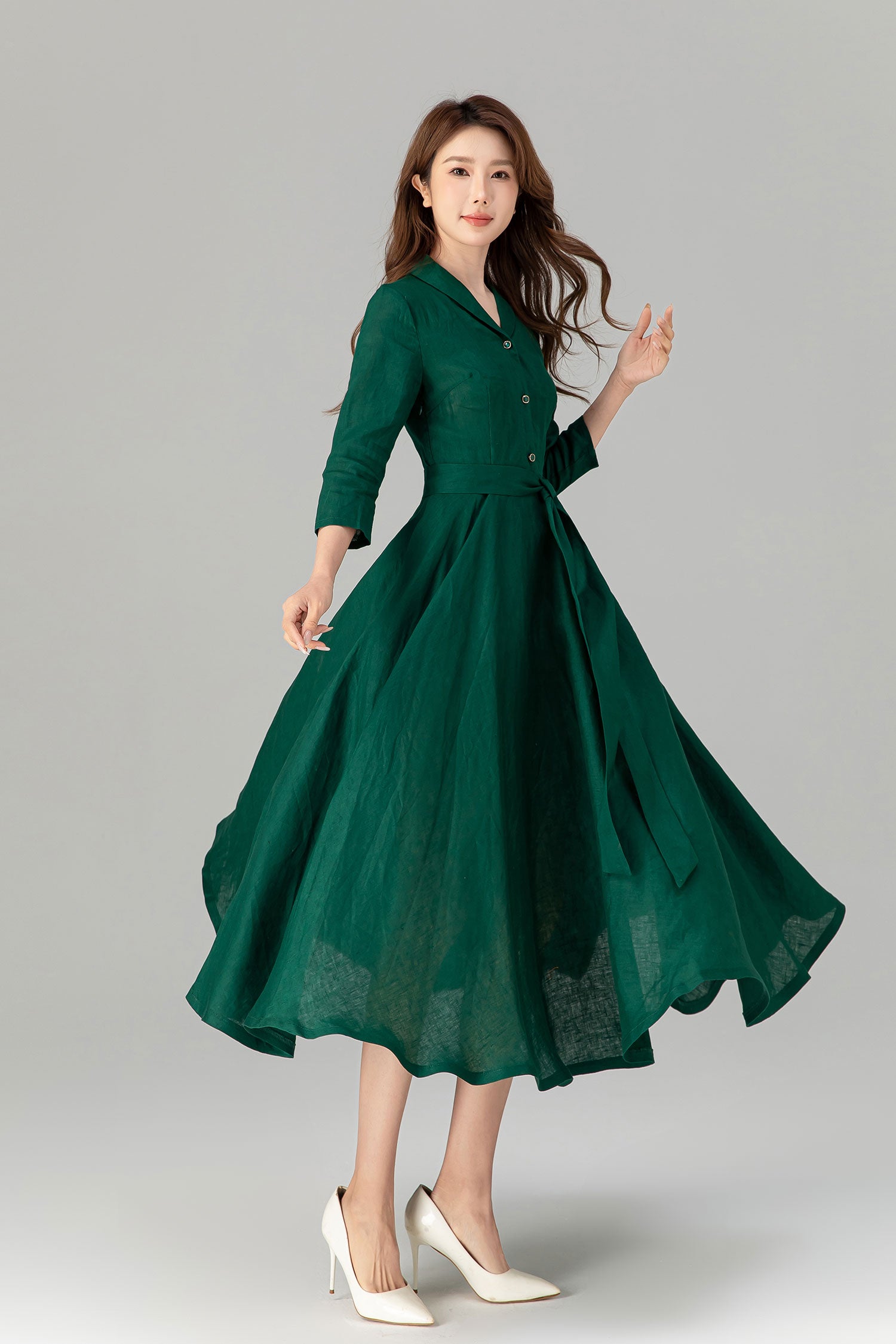 Green Linen Shirt Dress - Flowy Fit and Flare with 3/4 Sleeves Xiaolizi Green Linen Shirt Dress - Flowy Fit and Flare with 3/4 Sleeves Xiaolizi