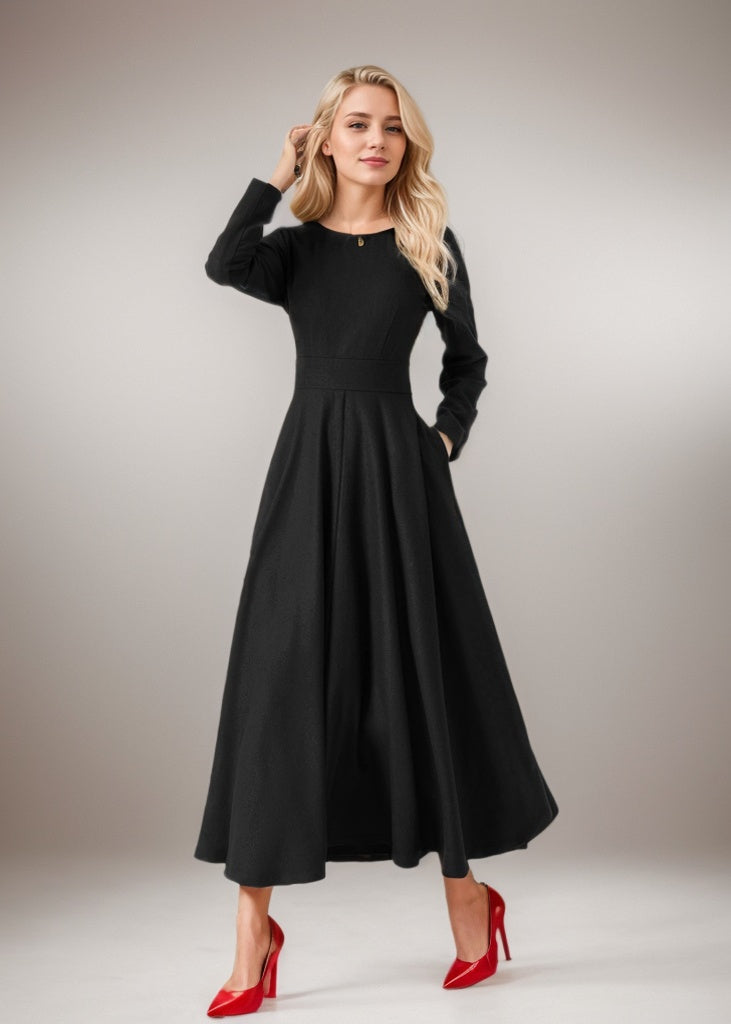 Women’s Black Wool Midi Dress – Handmade Fit & Flare Winter Dress | Xiaolizi 5434