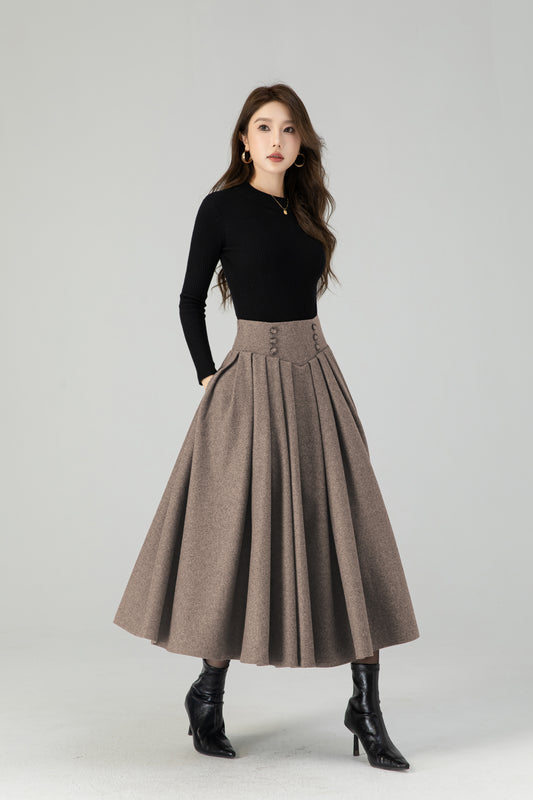 Vintage Wool Blend Pleated Midi Skirt – Handmade Swing Winter Skirt | Xiaolizi 5431