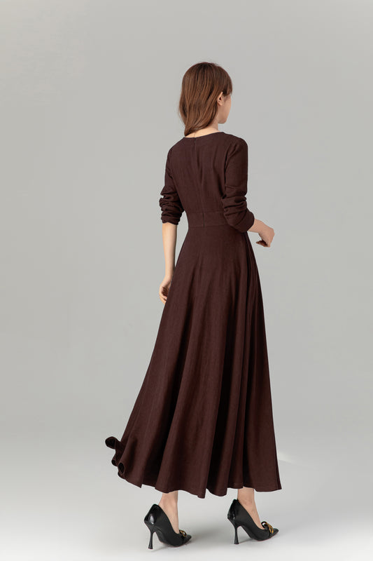 Women’s Chocolate Brown Linen Maxi Dress – Handmade Elegant Long Dress | Xiaolizi 5695