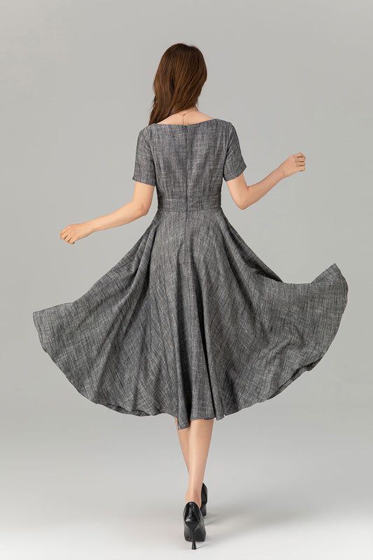 Gray Linen Cotton Midi Dress - Fit and Flare with Belt 4914