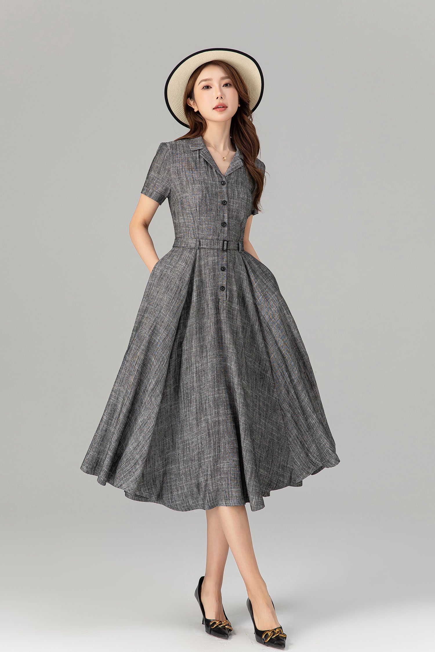 Moon Bar Vape Linen Blend Shirt Dress in Gray Casual Summer Midi Outfit 4912 Gray / M Moon Bar Vape Linen Blend Shirt Dress in Gray Casual Summer Midi Outfit 4912 Gray / M