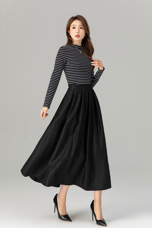 Black Linen Midi Skirt - Pleated, Back Elastic Waist with Pockets 4917