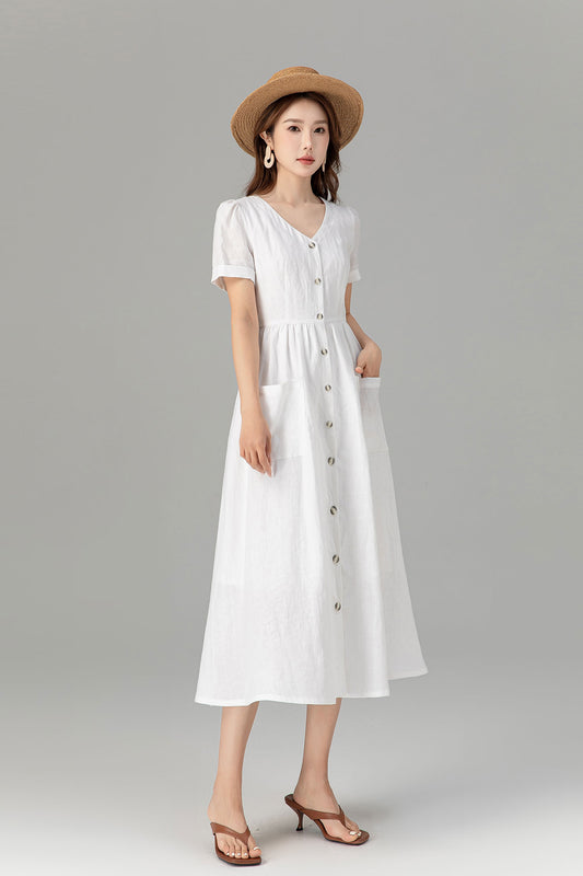 Button down white linen dress with pockets 4922
