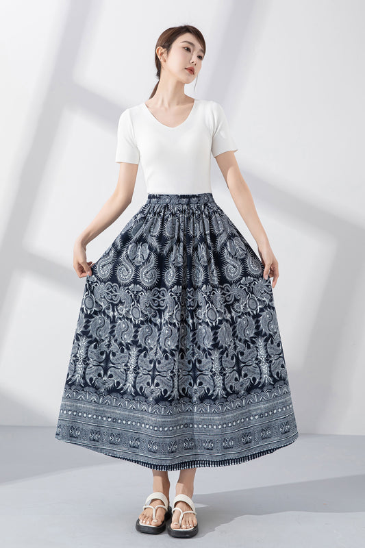 Blue Printed Linen Cotton Skirt - Flowing A-Line Silhouette 4223