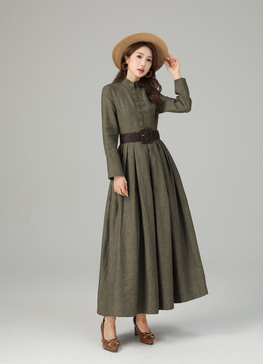 Linen Maxi Dress – Vintage Inspired Long Sleeve Dress with Pockets 6712