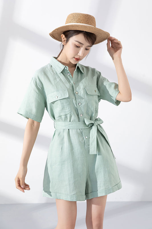Light Green Linen Jumpsuit - Shirt Collar with Fabric Belt 4224