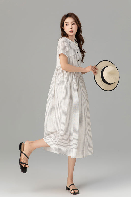 black and white striple summer linen dress 4926