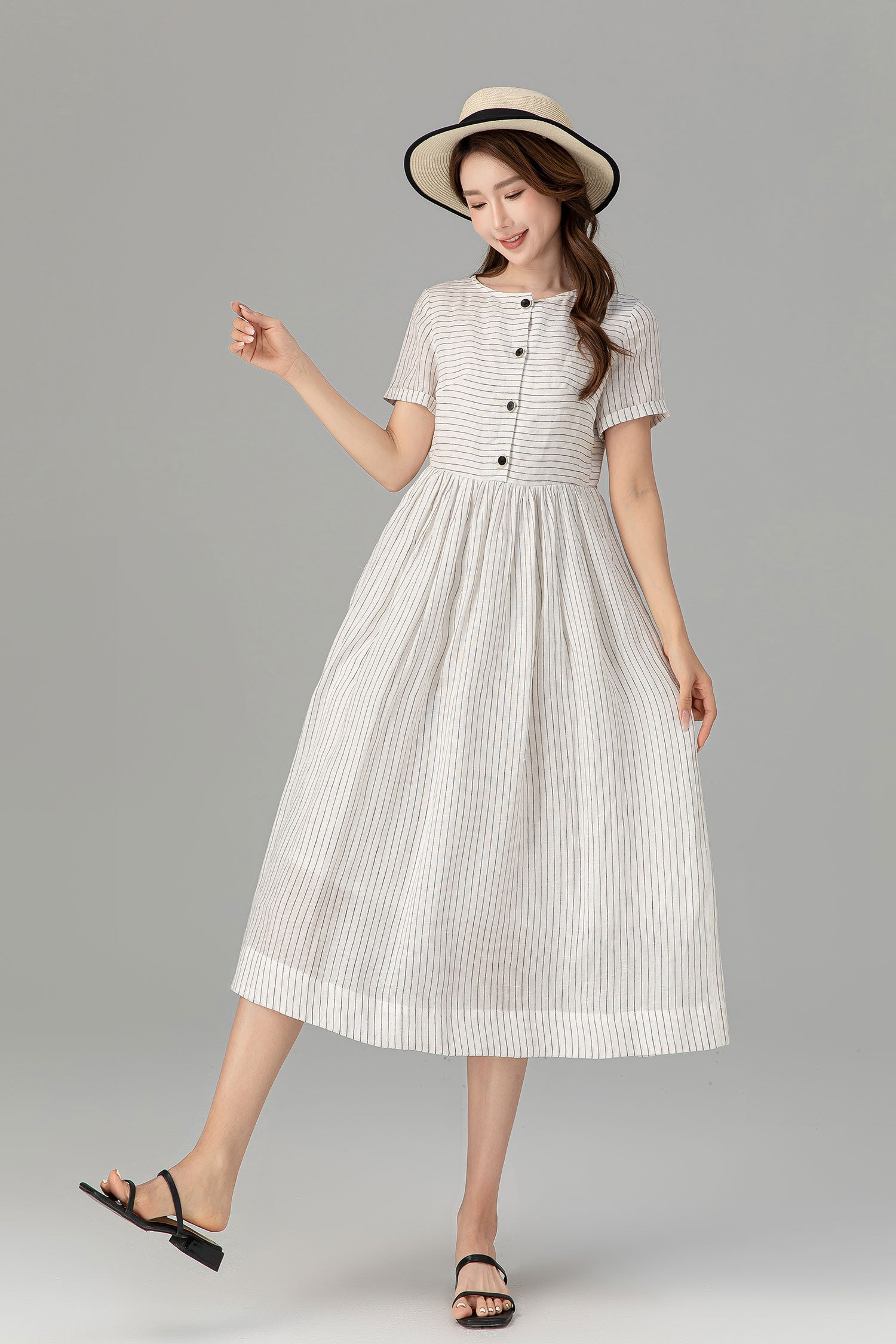 striped linen button dress Women's 100% European Linen Button Front Dress in Chambray Stripe, Size Medium by Quince