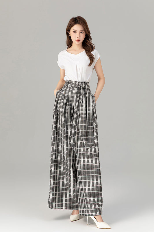 Black and white plaid wide leg long linen pants 4928