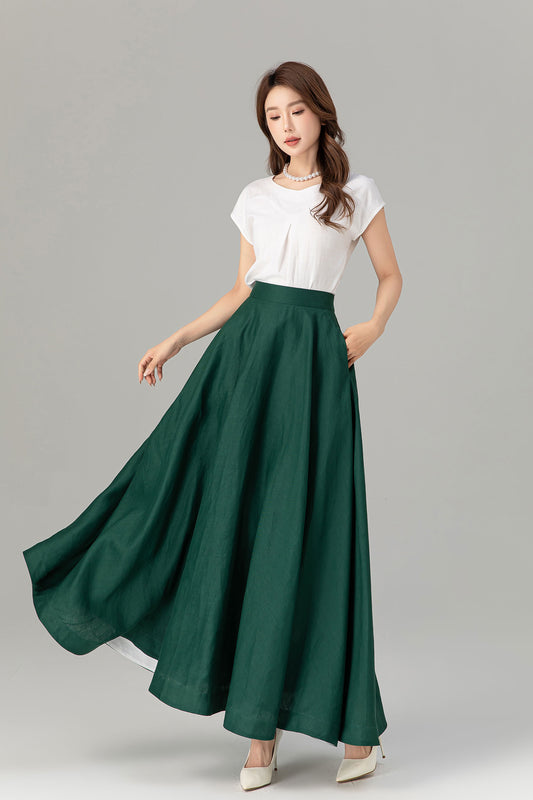 A line maxi green linen skirt with pockets women 4929