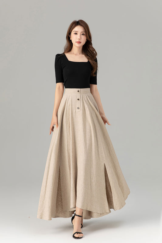 Beige Linen Maxi Skirt - Asymmetrical Hemline, Side Pockets 4931