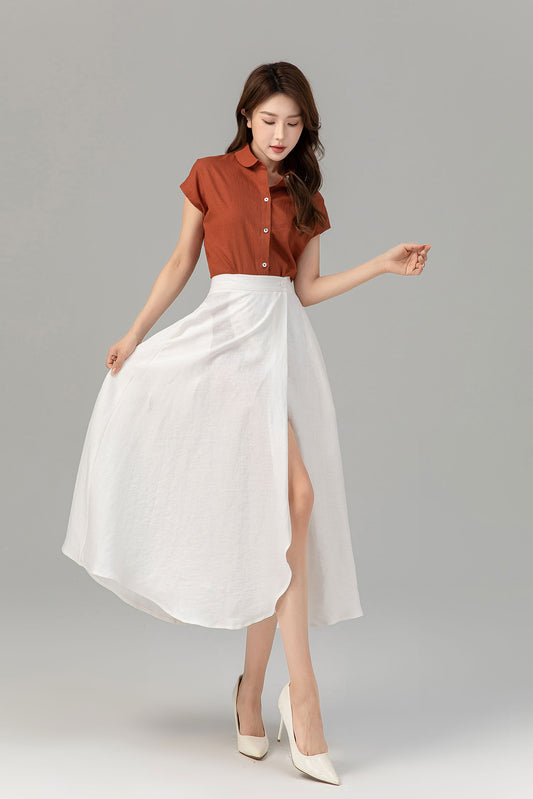 White Linen Midi Swing A-Line Skirt - Wrap Detail 4932