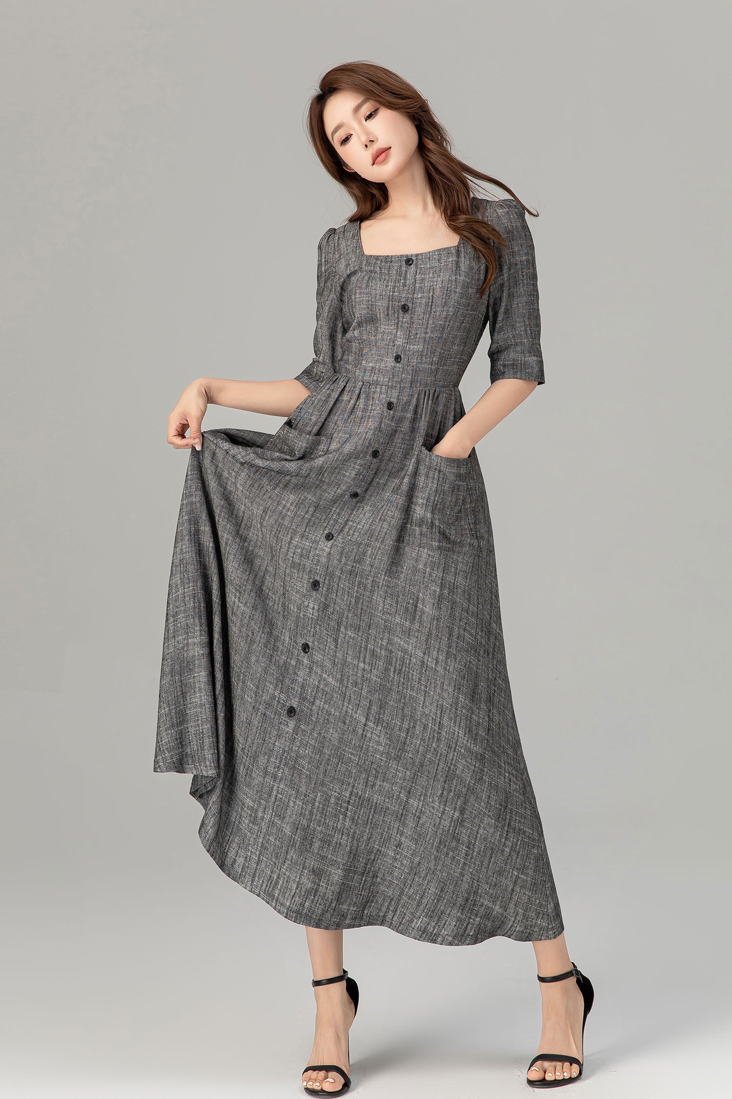Gray button up midi linen dress with pockets 4933 Xiaolizi Gray button up midi linen dress with pockets 4933 Xiaolizi