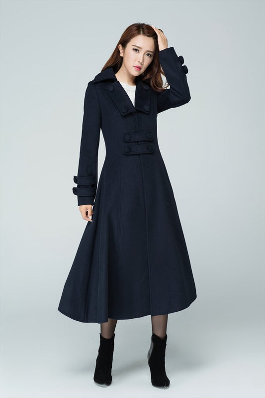 Navy Wool Long Coat – Classic Military-Inspired Winter Midi | Xiaolizi 1598