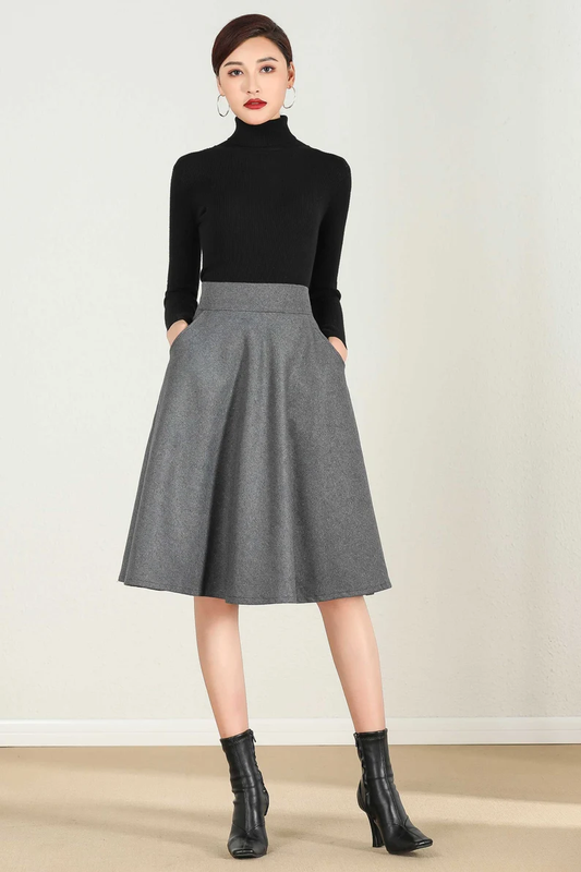 Grey Wool Knee Length Skirt – High Waist A-Line Winter Skirt with Pockets 2435