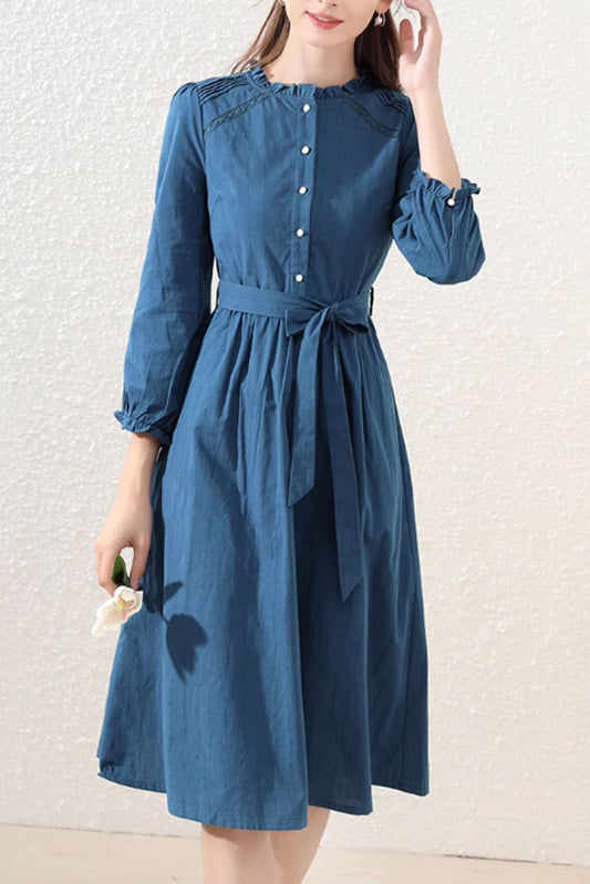 Tie belt blue dresses with ruffle details 4889