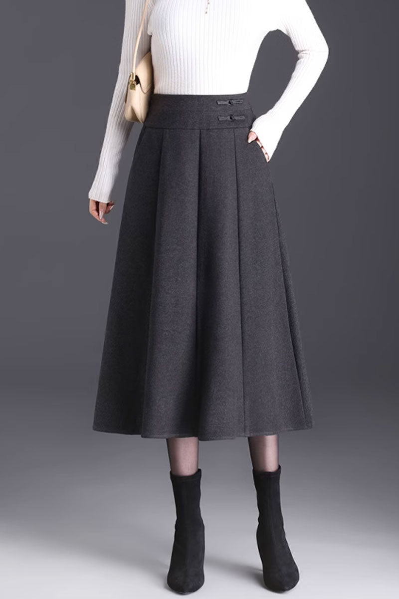 Elegant Brown Wool Skirt – Handmade A-Line Midi, Lined & With Pockets | Xiaolizi 4745
