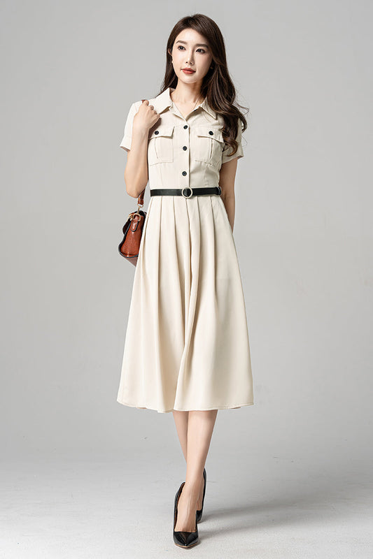 Vintage Inspired Beige Midi Dress 4194, Size S #CK2300249