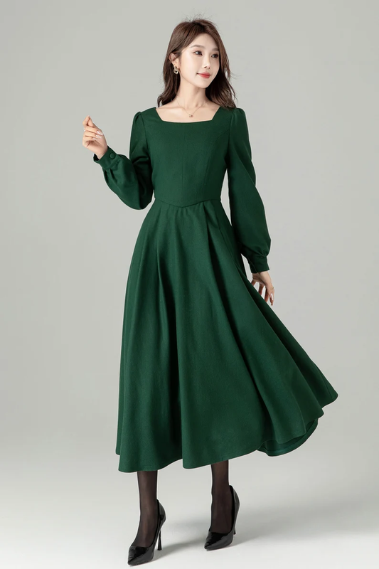 Handmade Emerald Green Wool Midi Dress – Vintage Fit and Flare Winter Dress | Xiaolizi 4492