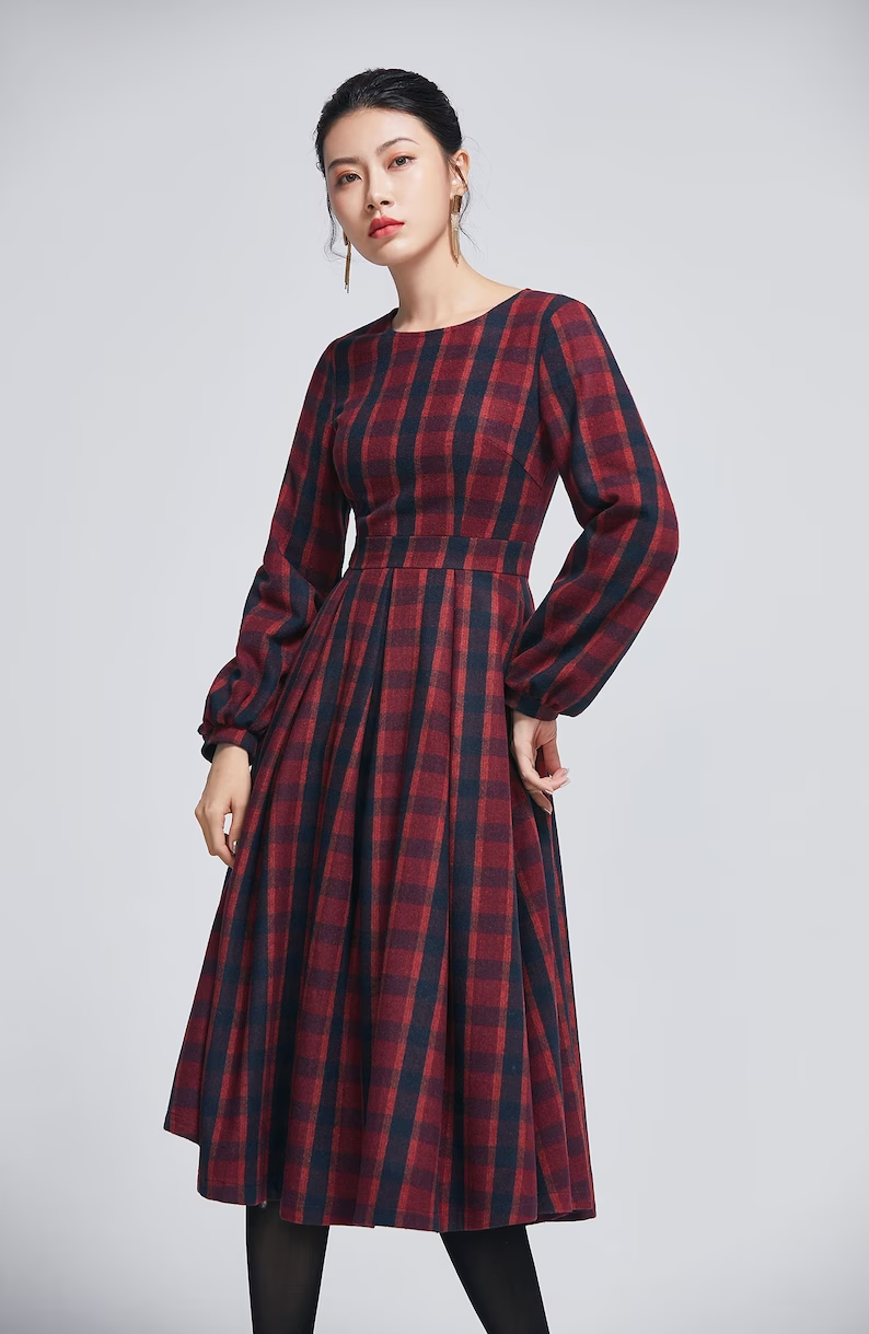 Red Plaid Wool Dress – Vintage Long Sleeve Winter Midi | Xiaolizi 5404