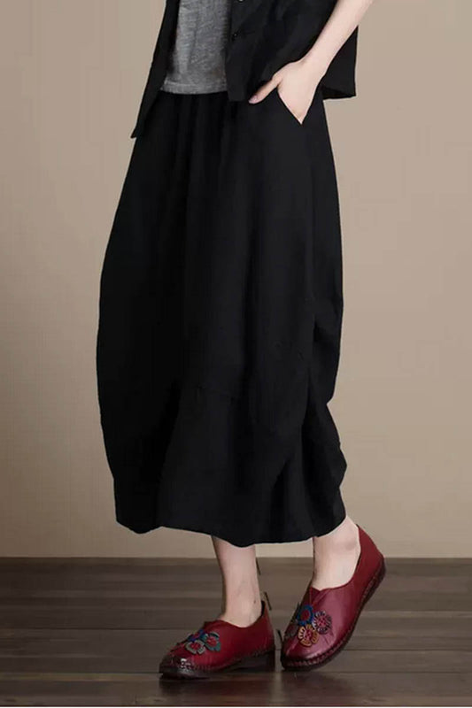 Brown Linen Midi Skirt - Irregular Hem with Pockets 4351