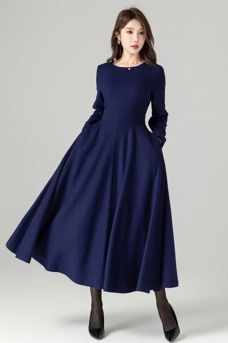 Long Wool Dress, Blue Wool Dress 4493