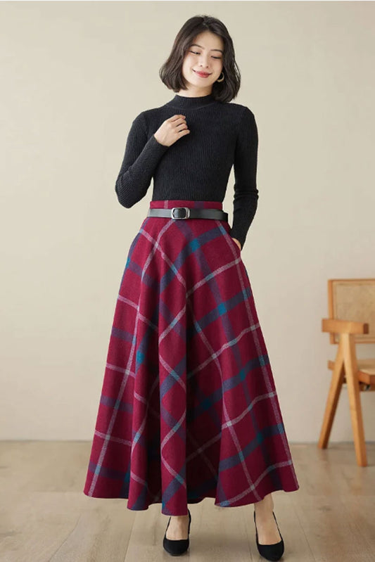 Burgundy Wool Maxi Skirt - Plaid, Full, Ankle Length 4618