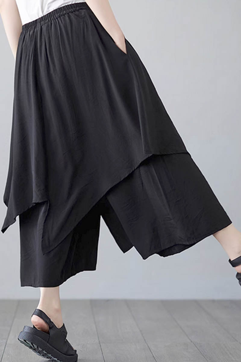 Black Linen Skirt Pants - Loose Fit with Elastic Waist 4349