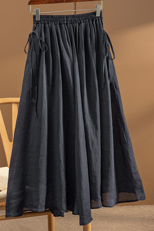 White Linen A-Line Skirt - High Waist Elastic Waistband 4362