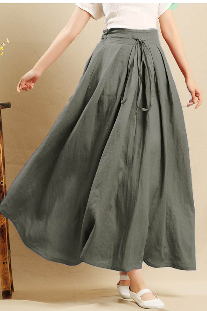 Soft Linen Maxi Skirt – Elastic Back Waist A-Line Summer Skirt with Pockets 4357