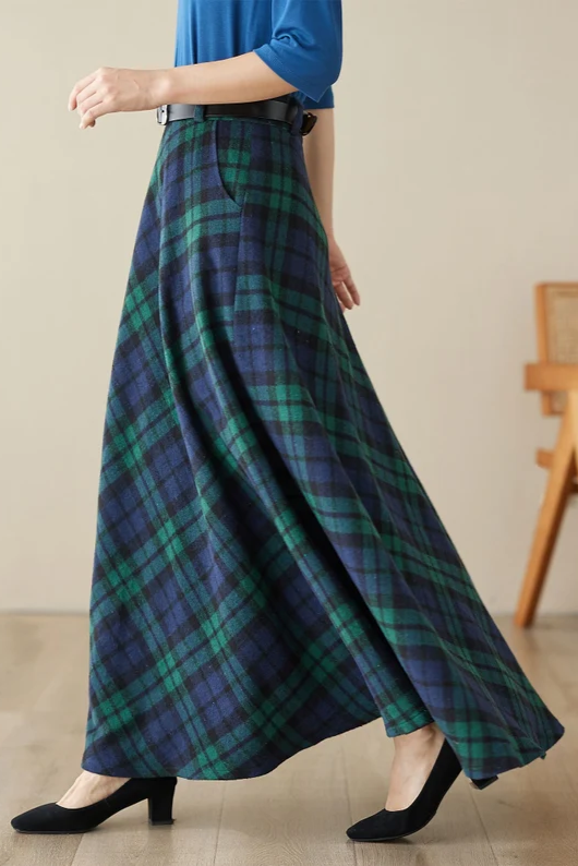 Navy & Green Plaid Wool Maxi Skirt – Vintage High Waist Ankle Length Winter Skirt 4619