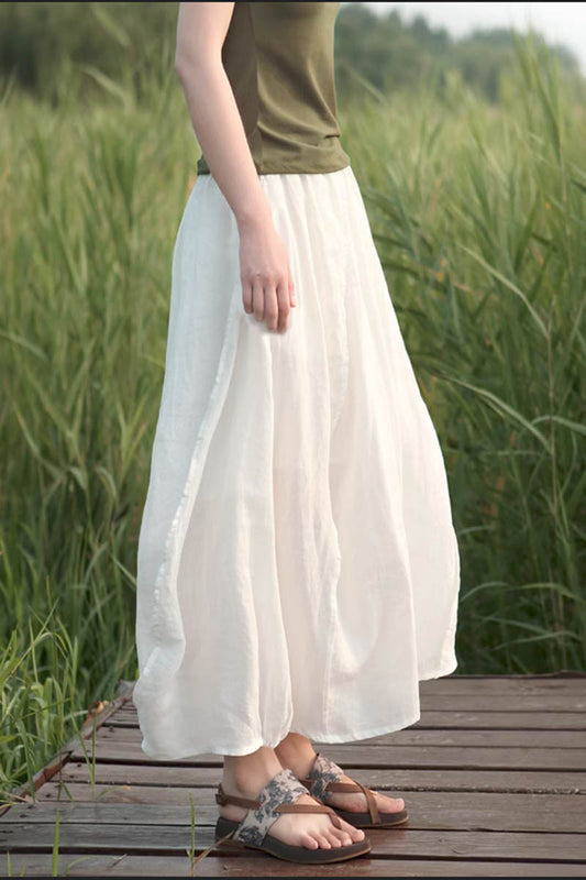 Wine Red Linen Bubble Skirt - Asymmetrical Elastic Waist 4347