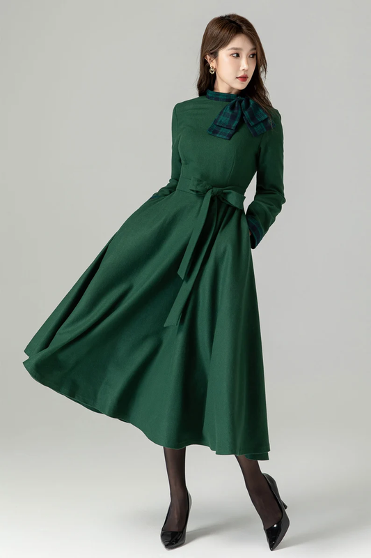 Vintage 1950s Green Swing Wool Dress 4489