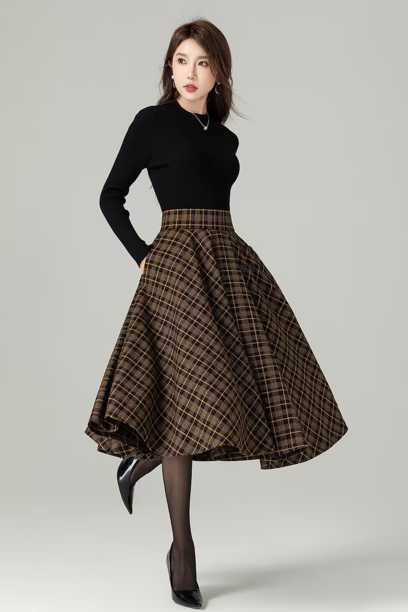 Brown Plaid Wool Midi Skirt – Vintage Swing High Waist Winter Skirt with Pockets 4498