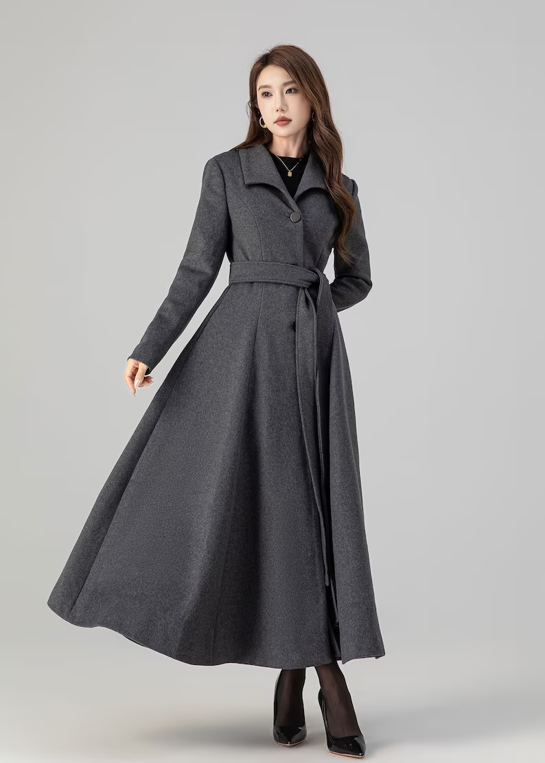 Vintage Gray Wool Blend Coat – Elegant Belted A-Line Maxi Coat | Xiaolizi 4516
