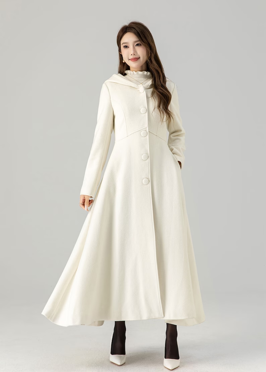 White Wool Hooded Coat – Elegant A-Line Winter Overcoat for Women 4519