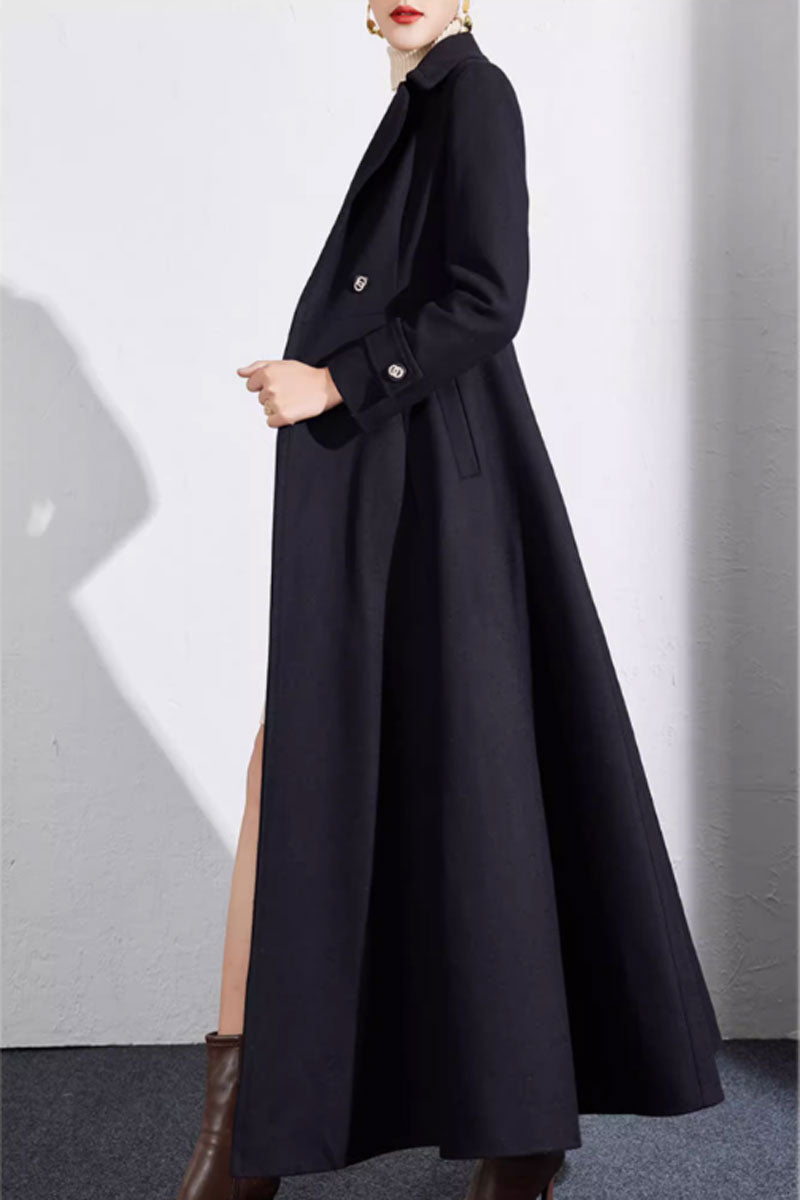 Black swing a line long wool coat women 4701