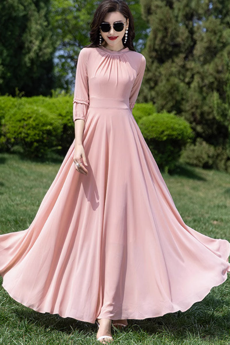 Fit and flare pink chiffon dress women 4458 Xiaolizi Fit and flare pink chiffon dress women 4458 Xiaolizi