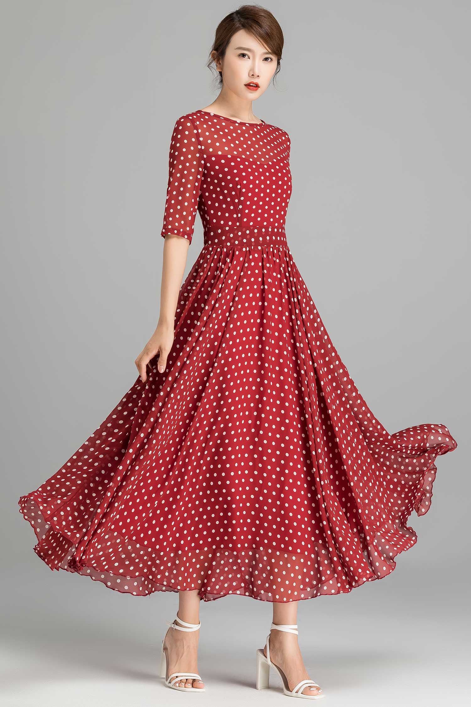 Red Polka Dot Chiffon Maxi dress 2364 Xiaolizi Red Polka Dot Chiffon Maxi dress 2364 Xiaolizi