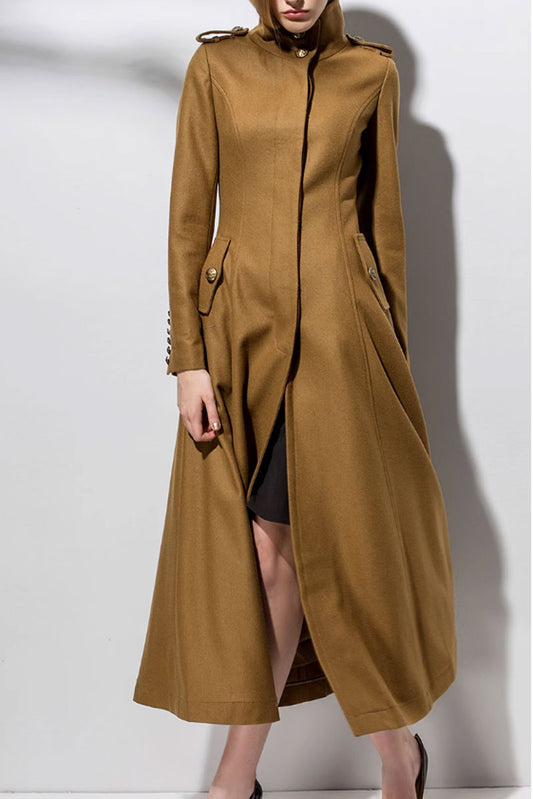 Camel Wool Maxi Coat – Vintage Long Winter Overcoat with Pockets 4718