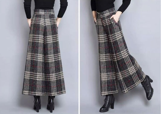 Loose fitting winter plaid wool pants women 4657