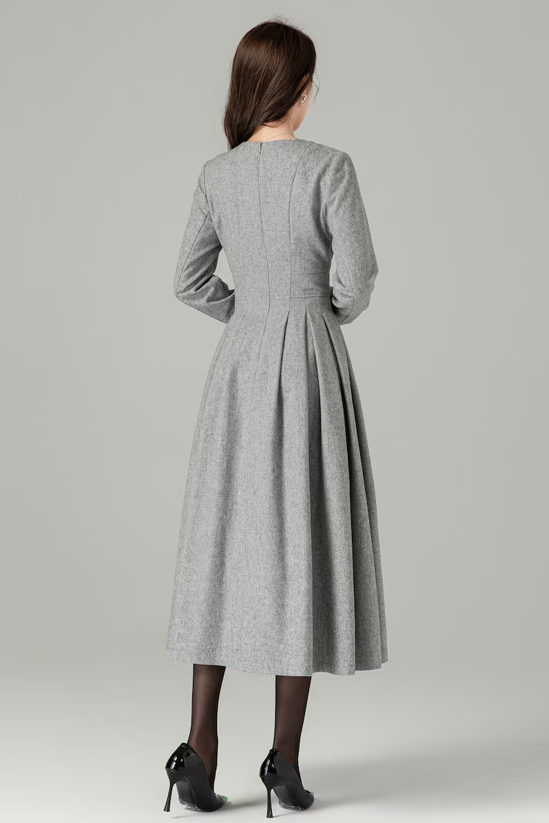 Handmade Gray Wool Blend Midi Dress – Vintage Pleated Fit & Flare Long Sleeve 4495