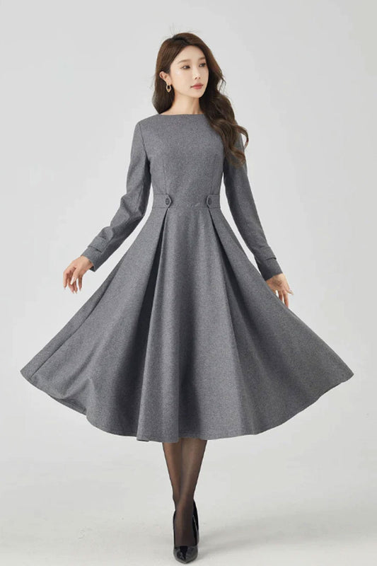 Gray Wool Dress – Handmade Fit & Flare Long Sleeve Winter Midi | Xiaolizi 4525