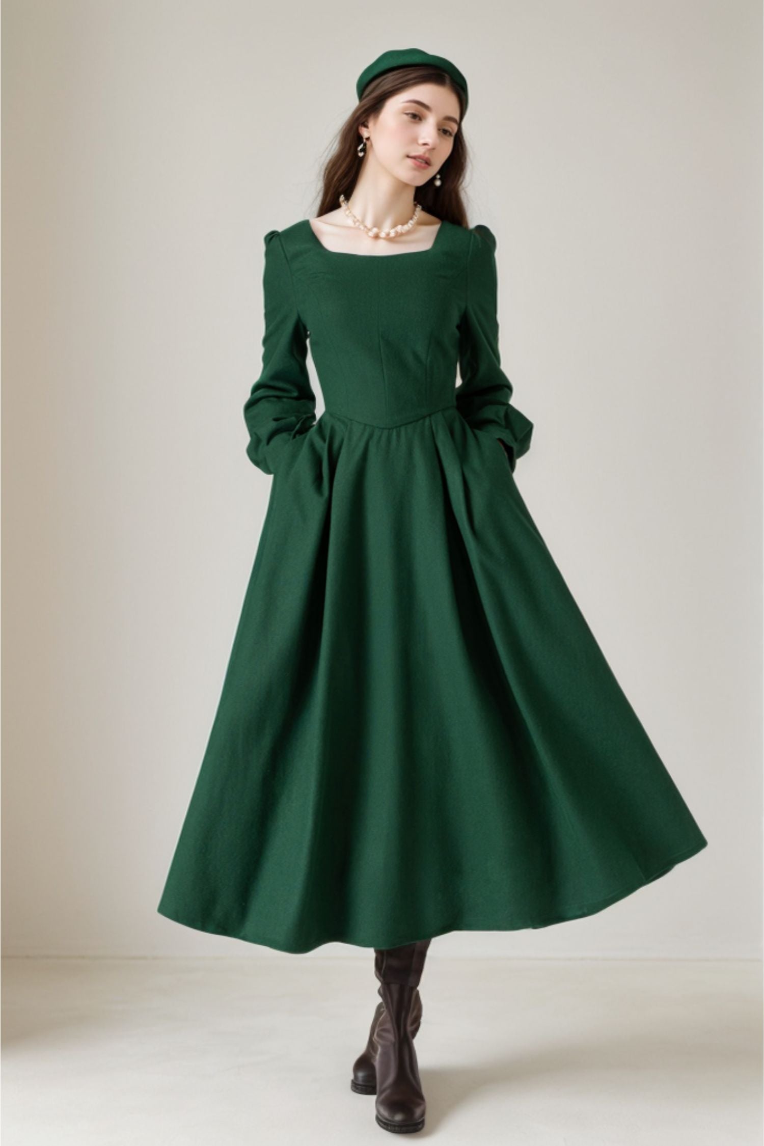 Vintage Wool Midi Dress Dark Green A-Line Silhouette 5236 Xiaolizi Vintage Wool Midi Dress Dark Green A-Line Silhouette 5236 Xiaolizi