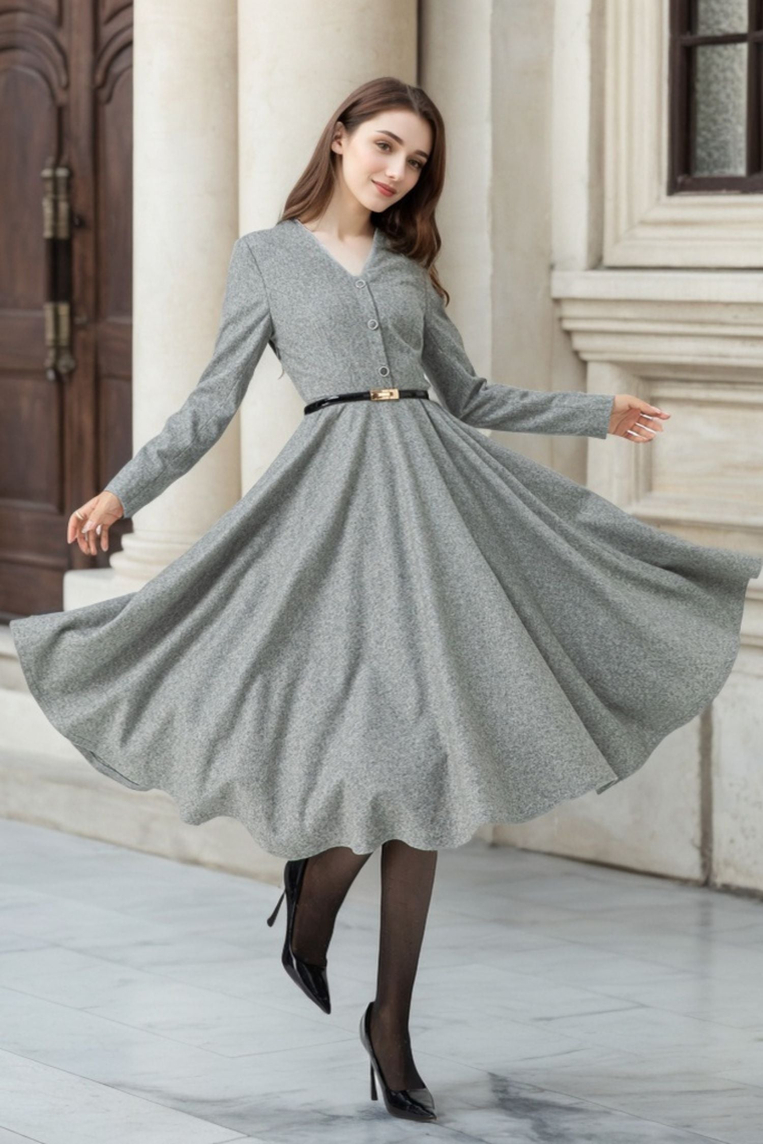 Gray Wool Midi Dress with Fit and Flare Silhouette for Elegant Style