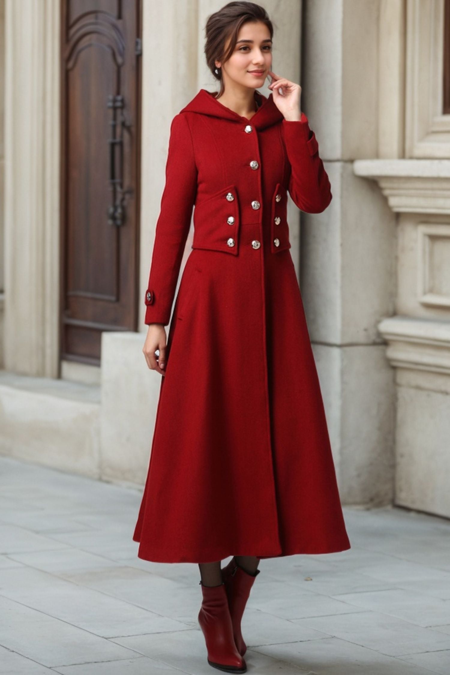 Womens Long Red Wool Coat with Hood 1107