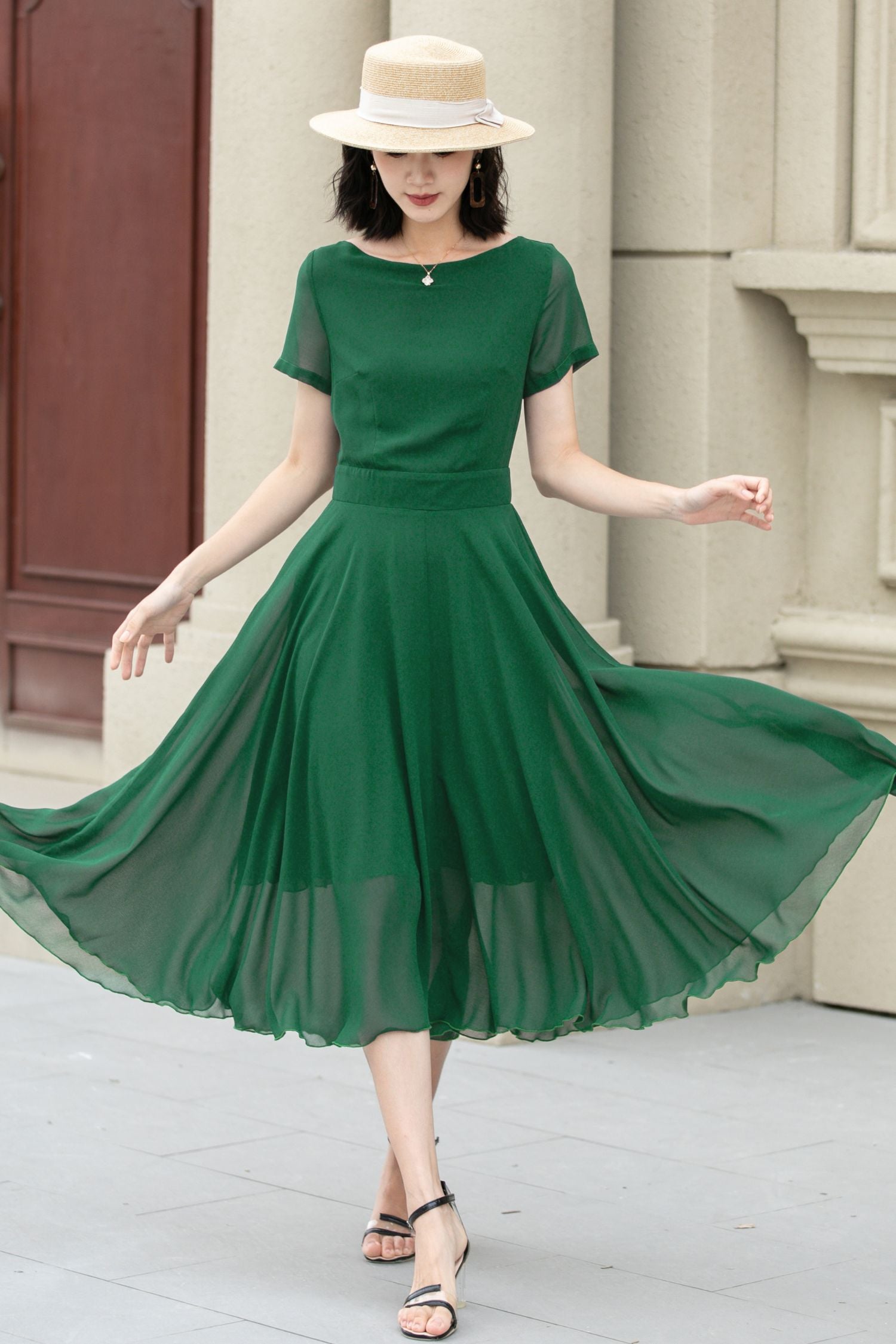 fitted lace wedding dress Midi fit and flare summer swing chiffon dress 6105 – Xiaolizi
